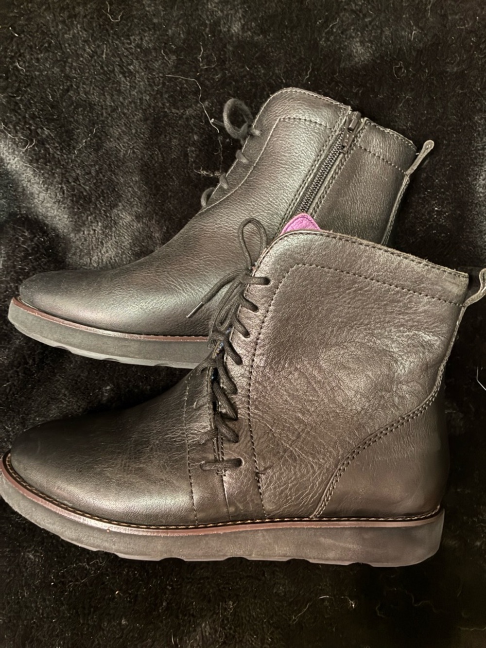 Bionica Black Leather Lace-Up Ankle Boots with Purple Accent